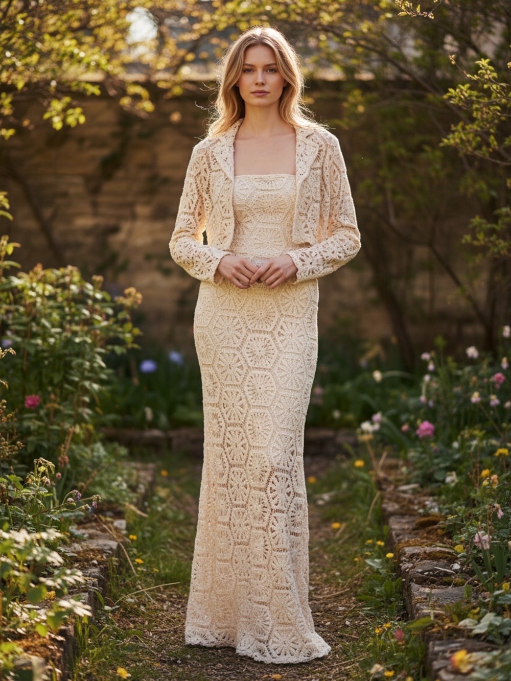 Sorelle UK Crocket Lace Jacket and Maxi Dress M Sheer Beach Romantic Boho NWT
